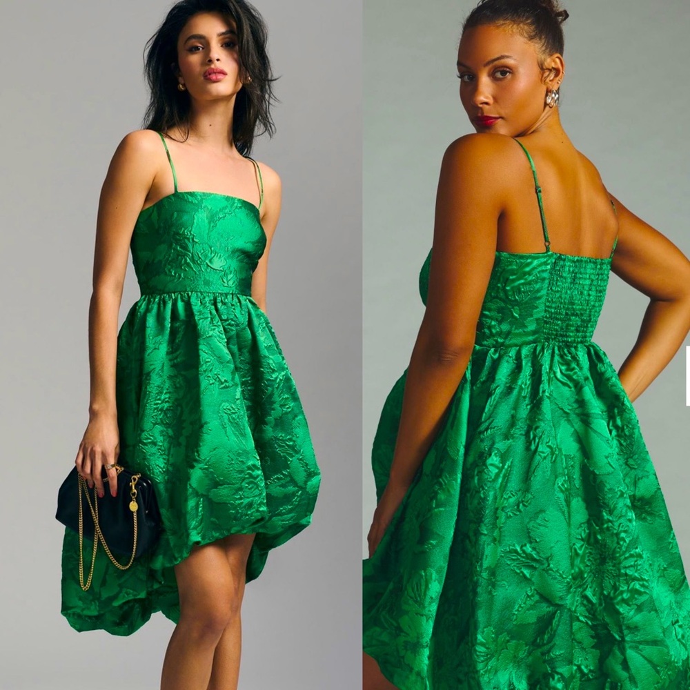 ANTHROPOLOGIE- New Green Bubble Dress Size 8 NWT adjustable straps Floral print
